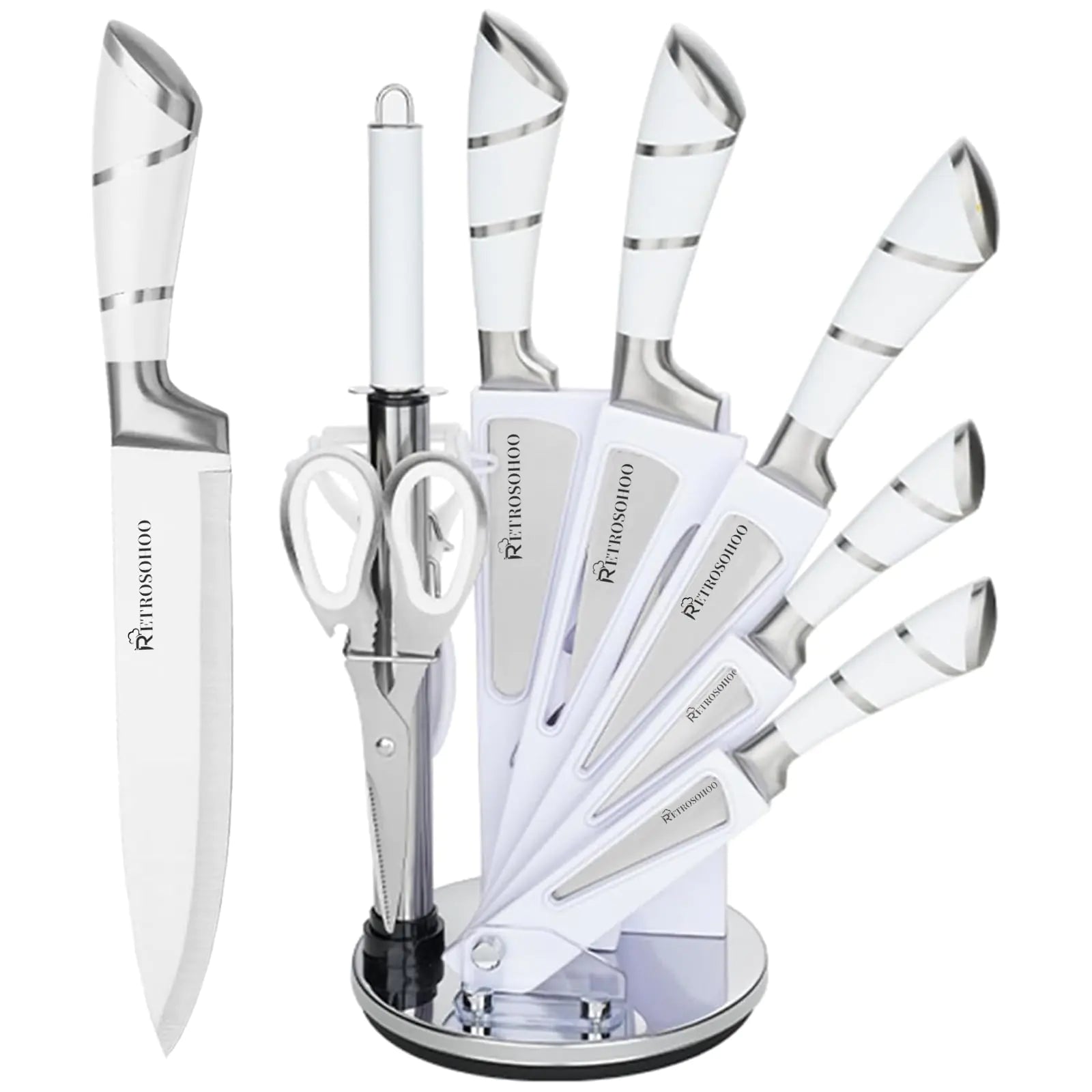 Retrosohoo 9-Piece Elegant White Chef Knives Set with Sharpener and Stand