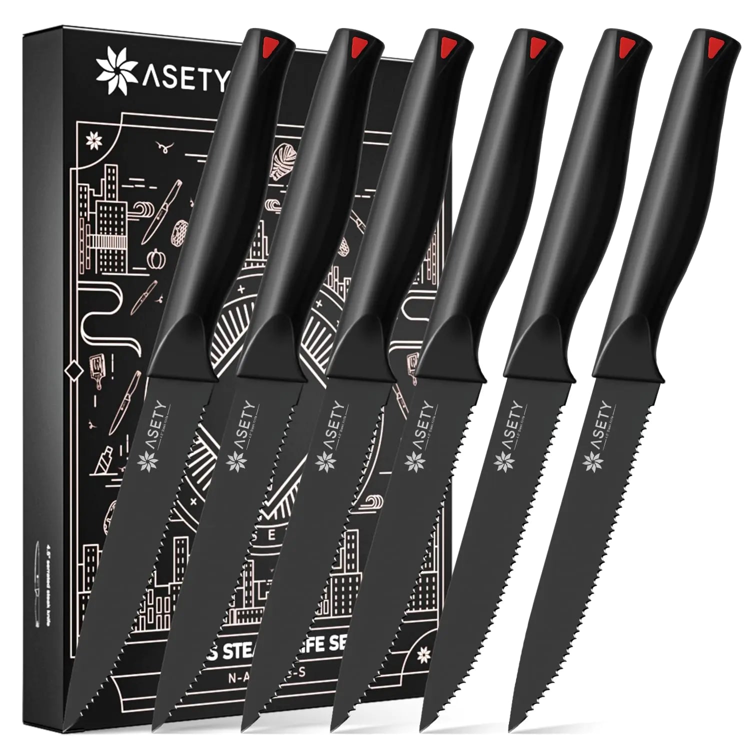 Elegant Serrated Steak Knife 6-Set in Black Box