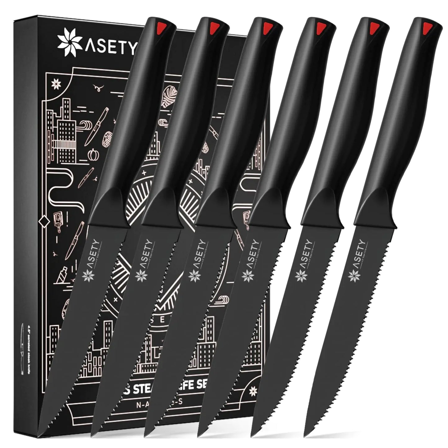 Elegant Serrated Steak Knife 6-Set in Black Box