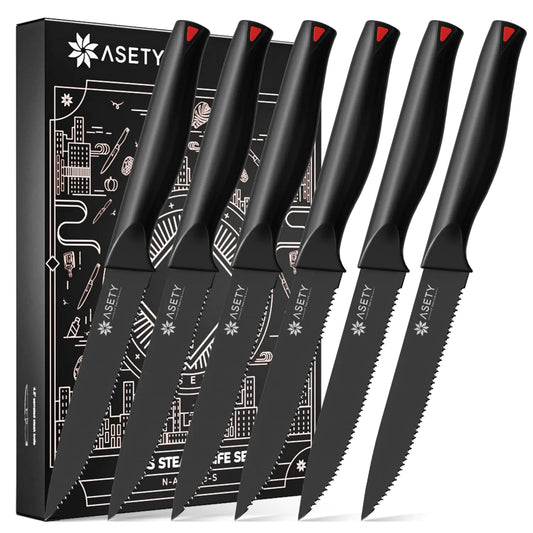 Elegant Serrated Steak Knife 6-Set in Black Box