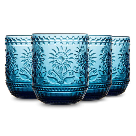SoulTimes Vintage Floral Glass Set - 12oz Blue Glassware 4-Pack