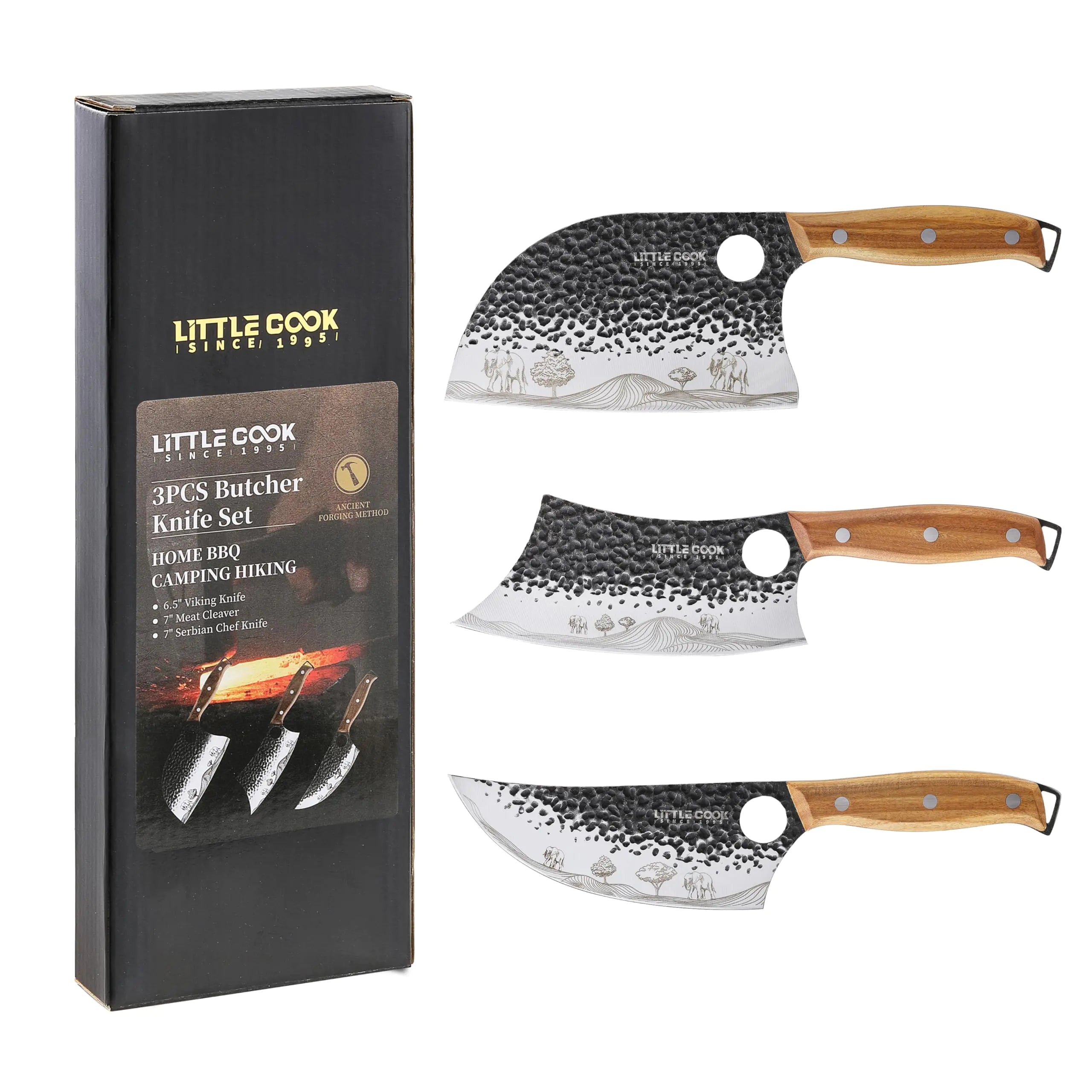 3PC Forged Butcher & Chef Knife Set with Wooden Handles