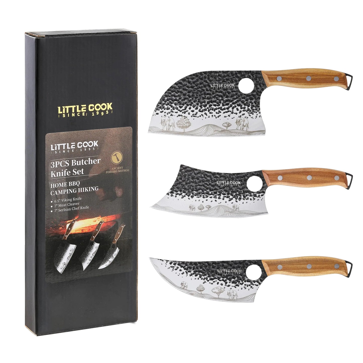 3PC Forged Butcher & Chef Knife Set with Wooden Handles