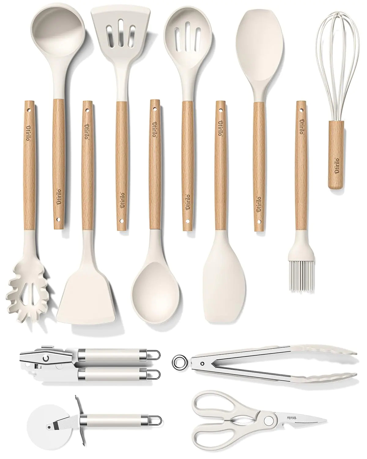 Otirilo 14Pcs Silicone Kitchen Tools Set with Wooden Handles