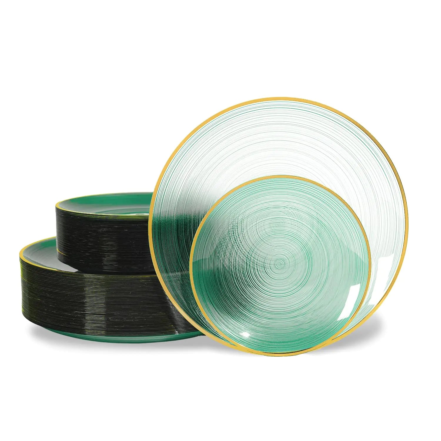 Elegant Green 100PC Plastic Plate Set with Gold Rim