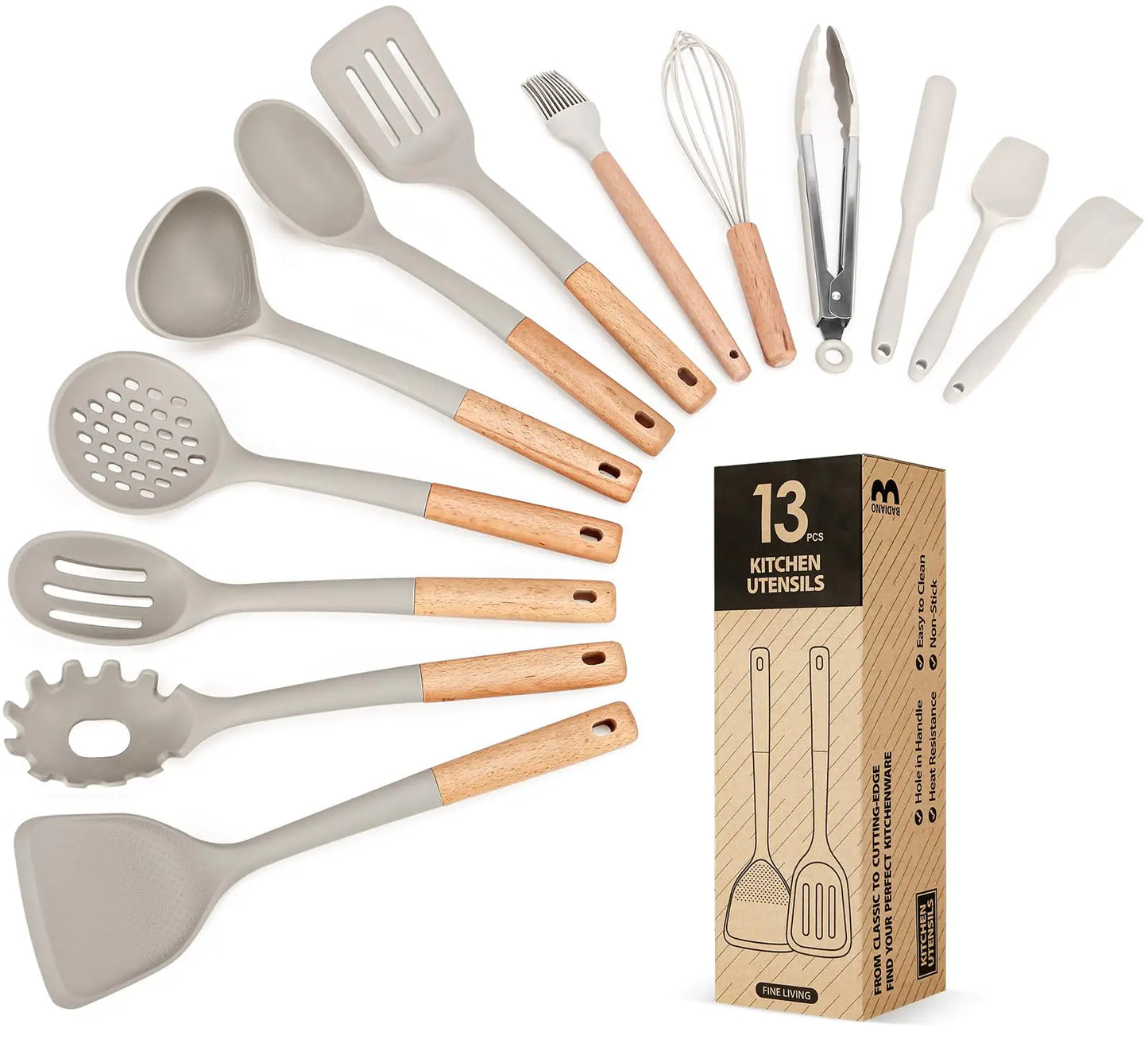 13-Piece Silicone Kitchen Utensil Set with Wooden Handles